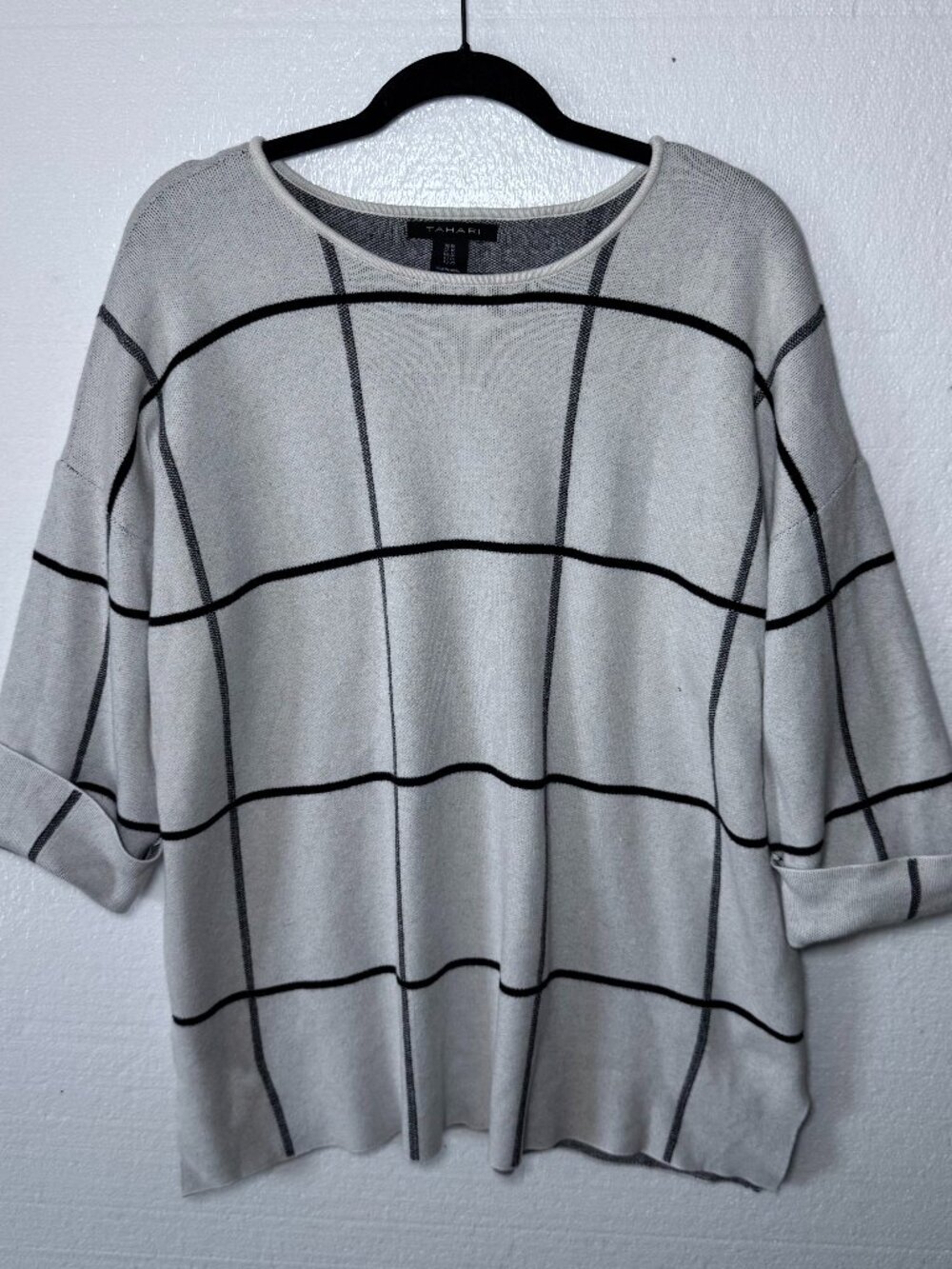 Tahari Womens Plus Size 1X Window Pane Plaid Soft Sweater 3/4 Sleeve Pullover